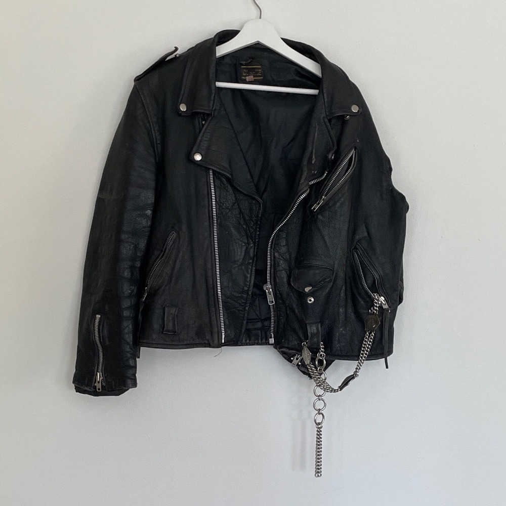 Vintage Cowhide Black Leather Motorcycle Jacket Harley Davidson Chain Mens 42